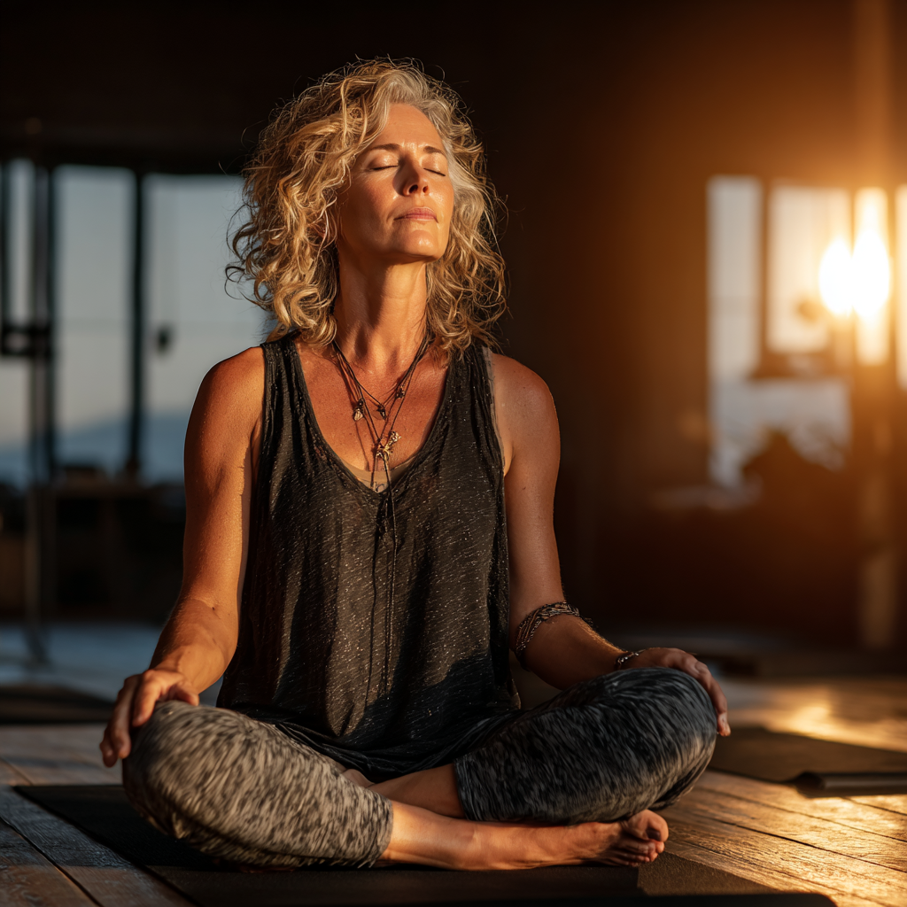 Peaceful woman in her late 40s sitting in meditation pose on a yoga mat in a serene studio with natural lighting