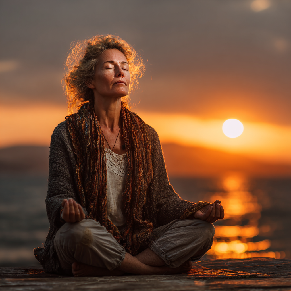 Peaceful woman in her mid-40s sitting in lotus position during sunrise meditation with hands in mudra gesture and eyes gently closed