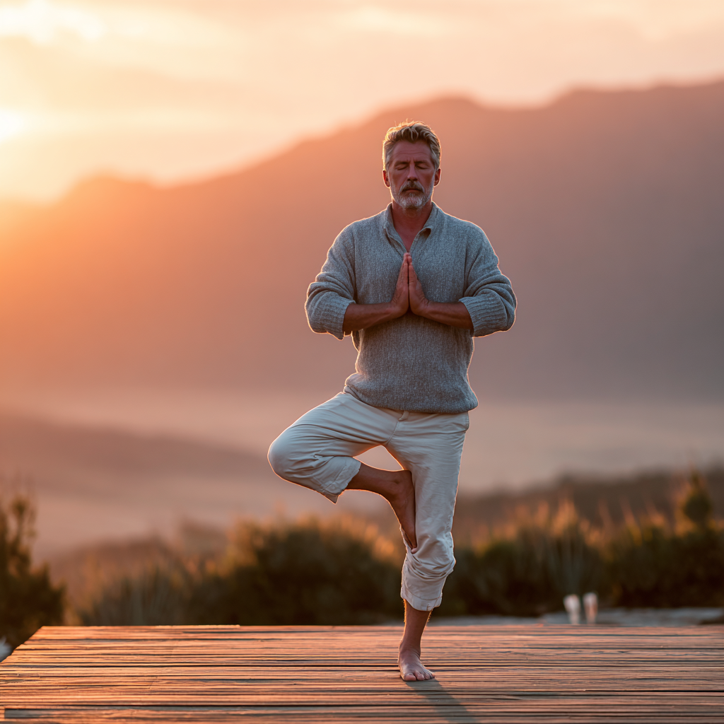 Serene man in his early 50s practicing tree pose on an outdoor wooden deck during golden hour with mountains in background